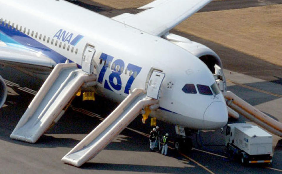 An All Nippon Airways flight sits at Takamatsu airport in Takamatsu, western Japan after it made an emergency landing Wednesday, Jan. 16, 2013. The flight to Tokyo from Ube in western Japan landed at the airport after a cockpit message showed battery problems, in the latest trouble for the Boeing 787 “Dreamliner.” (AP Photo/Kyodo News) JAPAN OUT, MANDATORY CREDIT, NO LICENSING IN CHINA, HONG KONG, JAPAN, SOUTH KOREA AND FRANCE