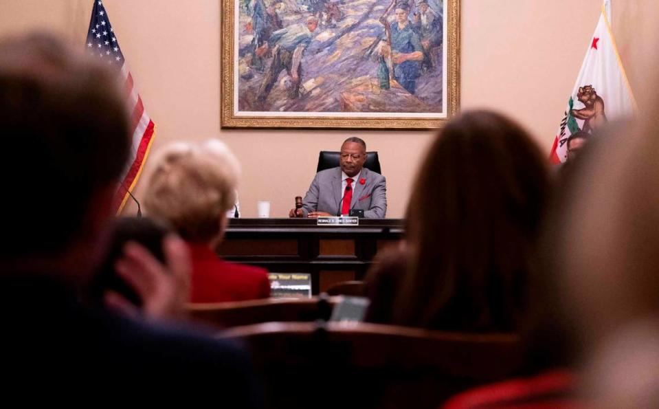 Assembly Public Safety Committee Chair Reggie Jones-Sawyer, D-Los Angeles, taps the gavel after California lawmakers revived a bill Thursday to enact harsher punishments for child sex traffickers after Democrats blocked it earlier in the week, prompting involvement from Gov. Gavin Newsom and legislative leadership.