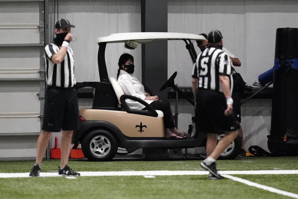 New Orleans Saints owner Gayle Benson was back at practice on Wednesday. (AP Photo/Gerald Herbert, Pool)