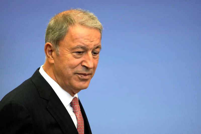 FILE PHOTO: Turkish Defence Minister Akar attends a news conference in Riga