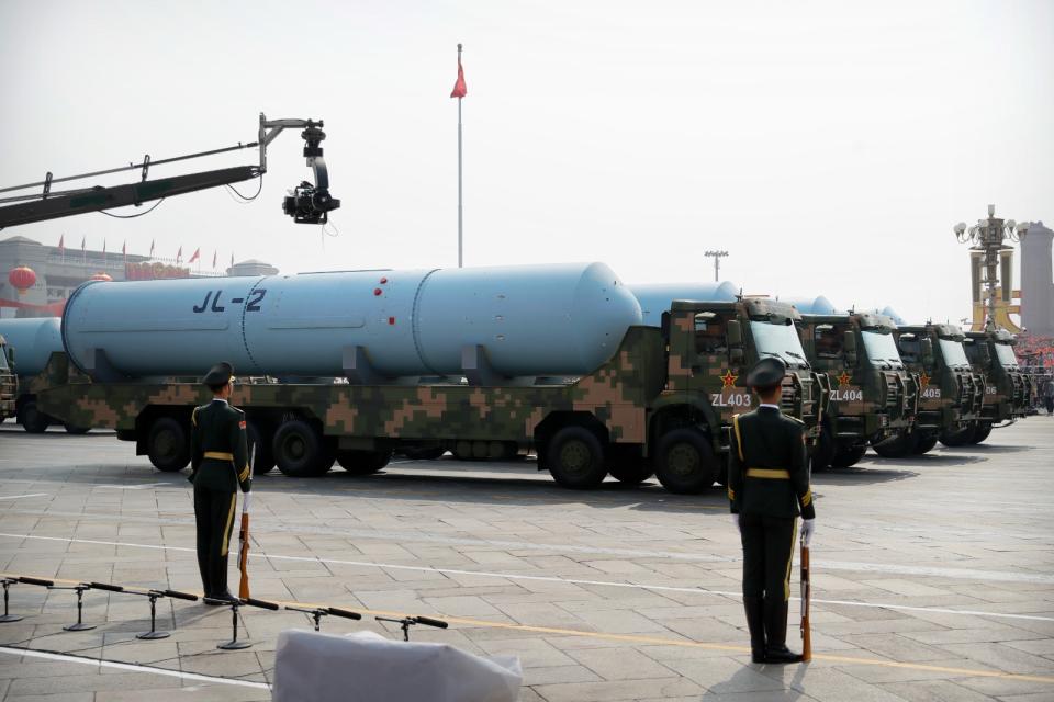 2019年10月1日，中國建國70週年閱兵典禮上展出巨浪-2型（JL-2）潛射彈道飛彈。美聯社