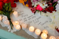 <p>A handwritten note to a lost friend is surrounded by candles and flowers at a candlelight vigil the day after a shooting at Marjory Stoneman Douglas High School in Parkland, Fla., Feb. 15, 2018. (Photo: Jonathan Drake/Reuters) </p>