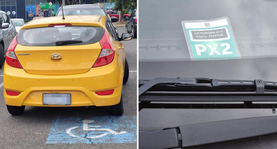 A photo of the car with double permit parked in a disabled spot at the Woolies Bayswater carpark in Melbourne. A closer photo of the green permit, reading PX2.