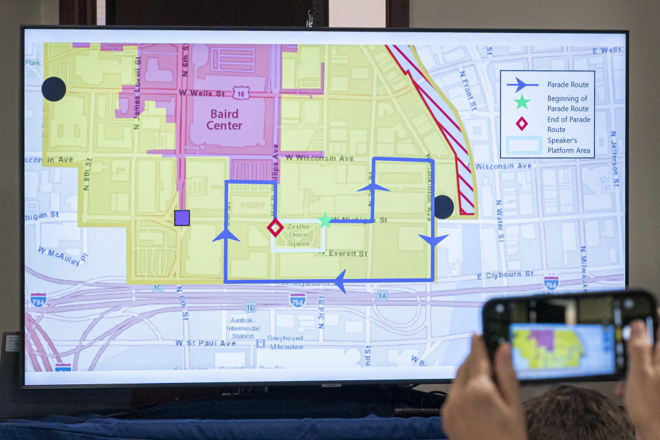 U.S. Secret Service maps released on June 21, 2024, show the parade route and protest zones that will be allowed during the Republican National Convention. A federal judge ruled Monday, July 8, 2024 that protesters can't march through a security zone at the Republican National Convention, handing a defeat to liberals who had pushed to have closer access to where delegates will be gathering next week in Milwaukee. (AP Photo/Andy Manis, file)