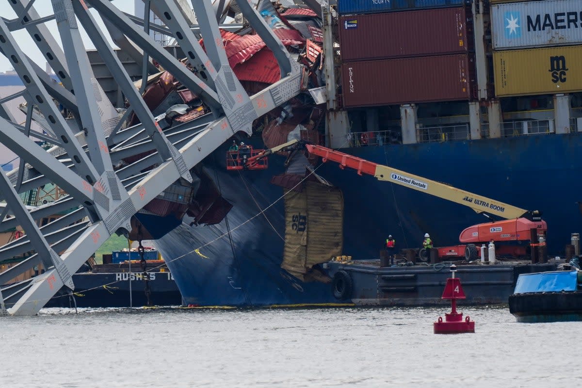 Salvage workers have continued to remove the large pieces of debris a month after the bridge collapsed in Baltimore (Copyright 2024 The Associated Press. All rights reserved)