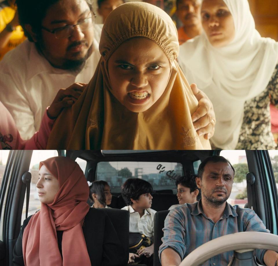 《虎紋少女》（上）出自馬來西亞女導演余修善之手，葉門電影《腹荷》（下）描述一對生活在貧窮線下的夫妻面臨新生兒到來的掙扎。（台北電影節提供）