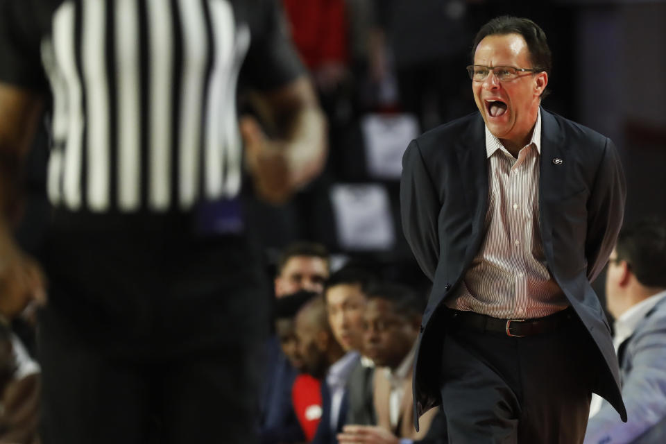 Georgia coach Tom Crean shouts during the first half of the team's NCAA college basketball game against Tennessee on Wednesday, Jan. 15, 2020, in Athens, Ga. (Joshua L. Jones/Athens Banner-Herald via AP)