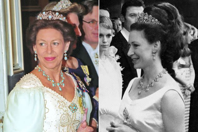 <p>PA Images/Alamy Stock Photo; getty</p> Princess Margaret wears the Persian Turquoise Tiara in 1993 and 1967.