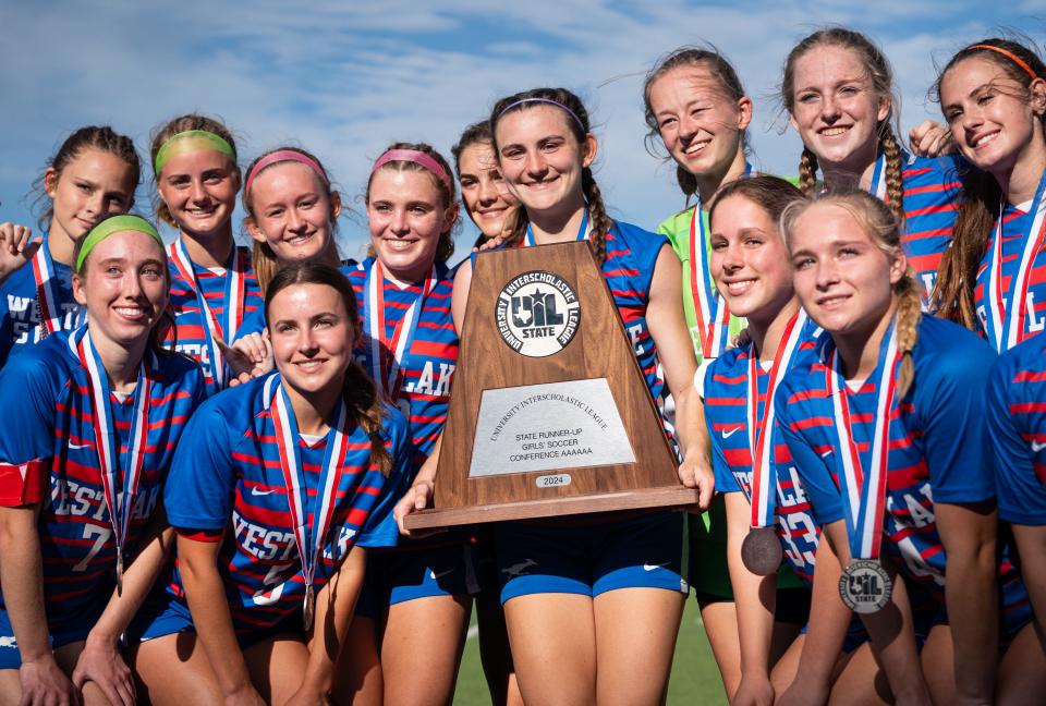 Westlake receives the runner-up trophy after the Class 6A state championship at Birkelbach Field in Georgetown on Saturday. Prosper beat Westlake 1-0.