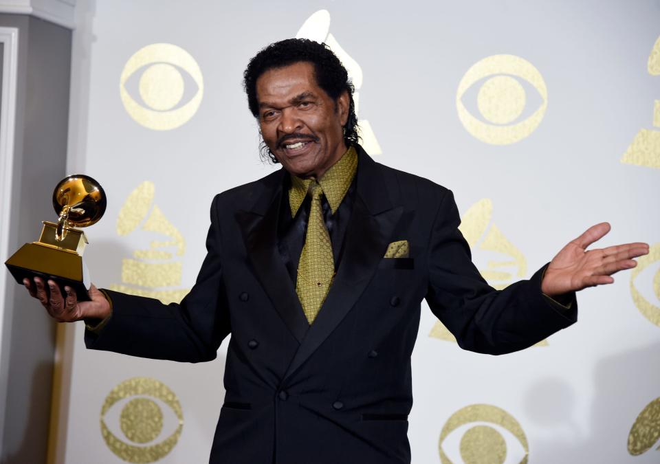 Bobby Rush poses in the press room with his Grammy for Best Traditional Blues Album for "Porcupine Meat" at the 59th annual Grammy Awards at the Staples Center Sunday in Los Angeles.