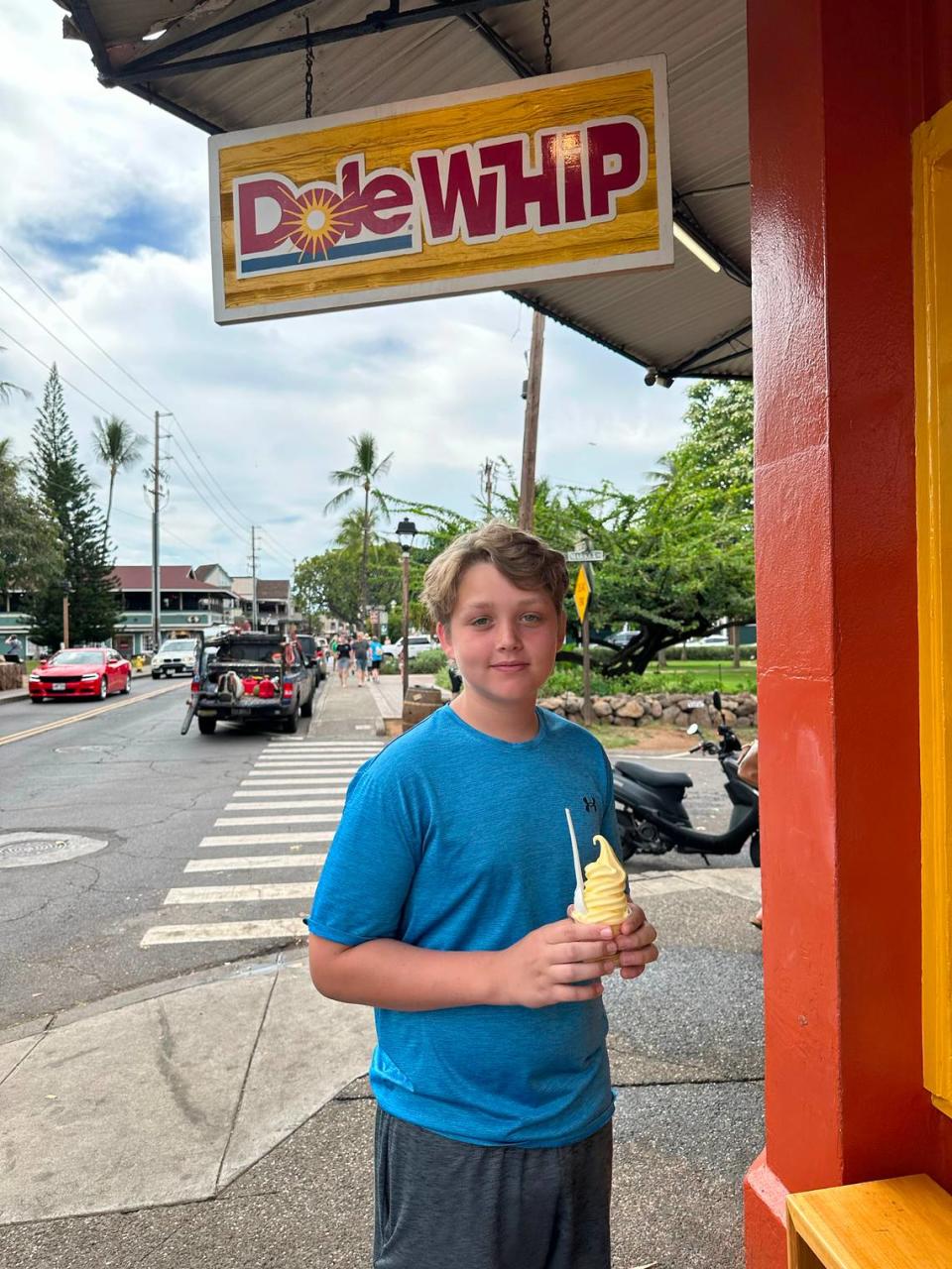 Branson Ash, son of Breanna Ash, in front of Lappert’s Ice Cream next to Lahaina’s famed banyan tree in March 2023.