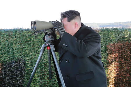 North Korean leader Kim Jong Un attends the test-fire of an anti-tank guided weapon in this undated photo released by North Korea's Korean Central News Agency (KCNA) in Pyongyang February 27, 2015. REUTERS/KCNA