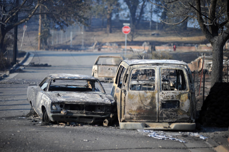 A view of damage at the Lincoln Heights neighborhood left by the Mill fire in Weed, California, on Sept. 3, 2022. / Credit: Neal Waters/Anadolu Agency via Getty Images