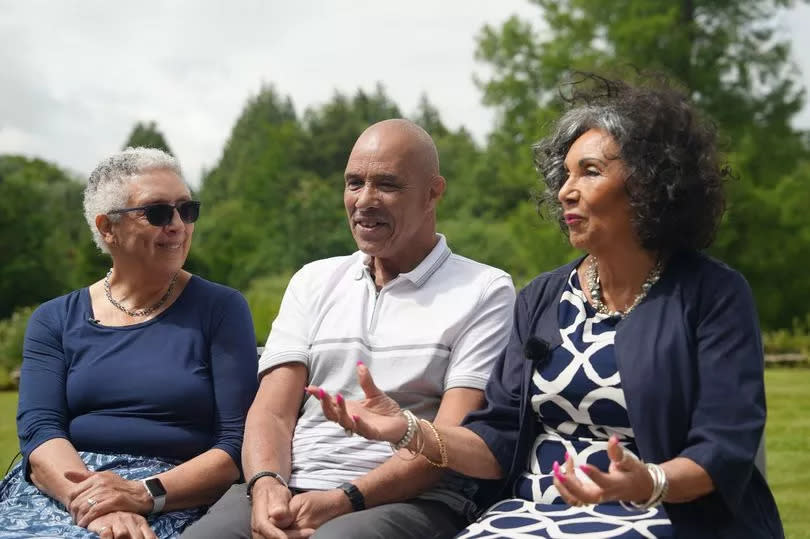 (Left to right) Lorraine Williams, 74, from British Columbia, Canada, who discovered fellow retirees James 'Jimmy' McLoughlin, a 77-year-old from Liverpool, and Isle of Wight resident Josephine Morey, 75, through family history website MyHeritage in summer 2023.