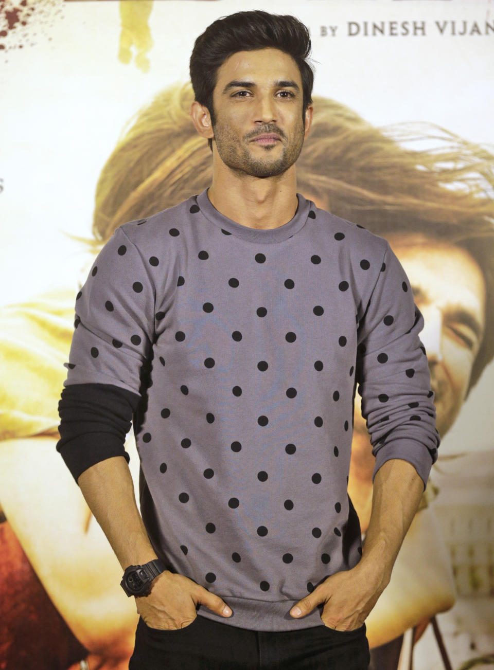 FILE- In this April 17, 2017 file photo, Bollywood actor Sushant Singh Rajput poses during the trailer launch of his film 'Raabta' which means contact in Urdu language, in Mumbai, India. Rajput was found dead at his Mumbai residence on Sunday, Press Trust of India and other media outlets reported. (AP Photo/Rafiq Maqbool, File)