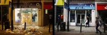 LONDON, ENGLAND - JULY 23: In this composite image (Left Photo) Damage caused by looters on Clapham High Street on August 8, 2011 in London, England. (Right Photo) The O2 store on Claphan High Street, one year on from the riots. August 6th marks the one year anniversary of the England riots, over the course of four days several London boroughs, and districts of cities and towns around England suffered widespread rioting, looting and arson as thousands took to the streets. (Chris Jackson/Peter Macdiarmid/Getty Images)