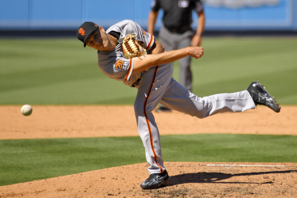 San Francisco Giants relief pitcher Tyler Rogers throws to the plate during the seventh inning of a baseball game against the Los Angeles Dodgers Sunday, Aug. 9, 2020, in Los Angeles. (AP Photo/Mark J. Terrill)