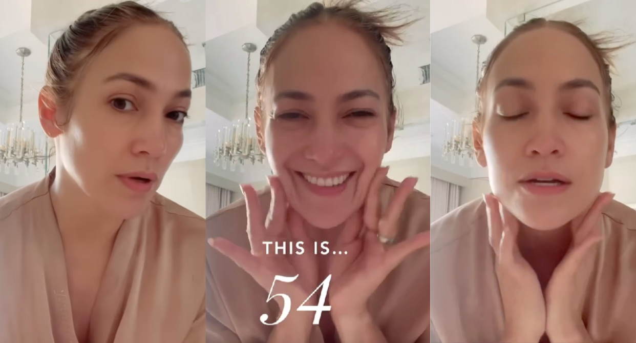 split screen of j.lo, jlo, jennifer lopez bathroom with jlo beauty products, jlo without makeup