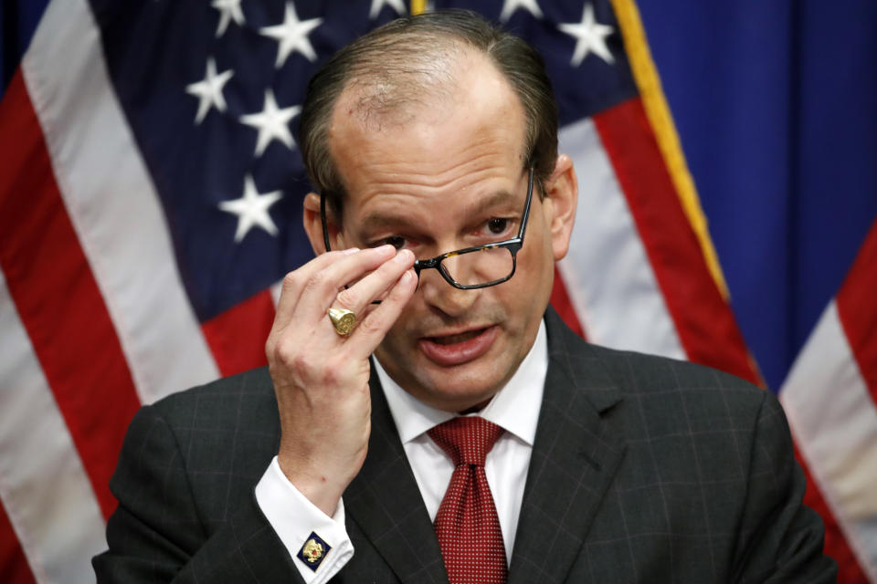 FILE - In this July 10, 2019 file photo, Labor Secretary Alex Acosta speaks during news conference at the Department of Labor in Washington. A Justice Department report has found former Labor Secretary Alex Acosta exercised “poor judgment” in handling an investigation into wealthy financier Jeffrey Epstein when he was a top federal prosecutor in Florida. (AP Photo/Alex Brandon)