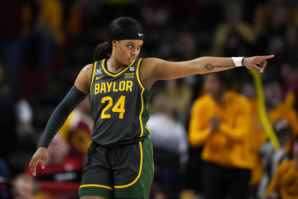 Baylor guard Sarah Andrews celebrates at the end of a women&#39;s college basketball game against Iowa State on Feb. 4, 2023, in Ames, Iowa. Baylor won 76-70. (AP Photo/Charlie Neibergall)