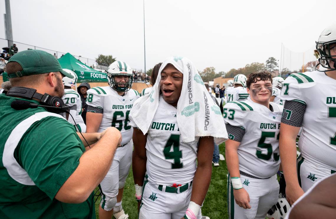 Jarvis Green of Dutch Fork (4) celebrates following his team’s win in the SCHSL Class 5A Football State Championship at Charles W.Johnson Stadium in Columbia, SC on Saturday, Dec. 3, 2022.