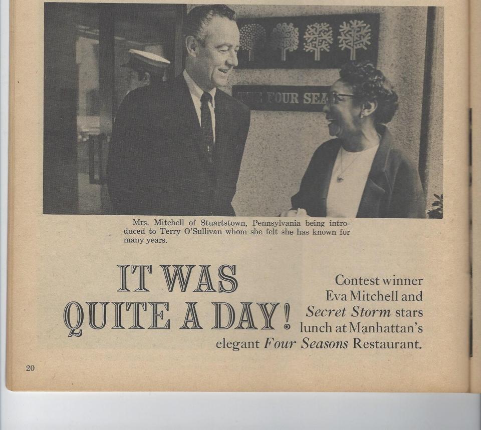 This is part of a 1969 story about Southern York County’s Eva Mitchell’s New York City lunch with two “Secret Storm” soap opera stars. Her friend, Norma McGinnis of Fawn Grove, accompanied her to the lunch, an award for winning a promotional contest, at the Four Seasons restaurant. The story appeared in “Afternoon TV” magazine.