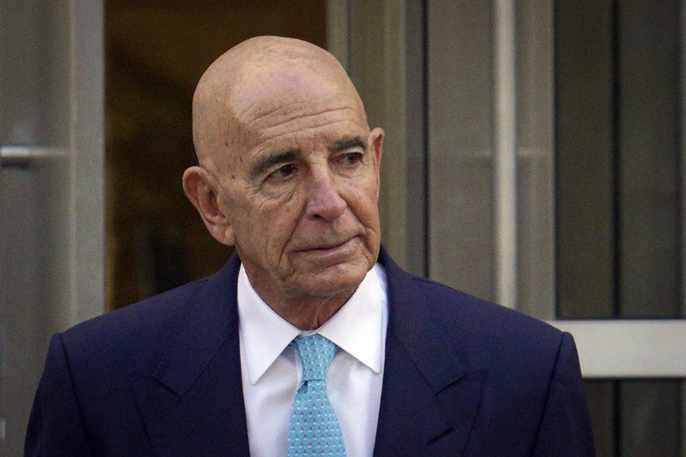 Tom Barrack exits Brooklyn Federal Court on Friday, Oct. 21, 2022, in New York. Barrack, the onetime chair of the Trump's inaugural committee, is accused of using his “unique access” as a longtime friend of Trump to manipulate Trump's campaign — and later his Republican administration — to advance the interests of the UAE. (AP Photo/Bebeto Matthews)