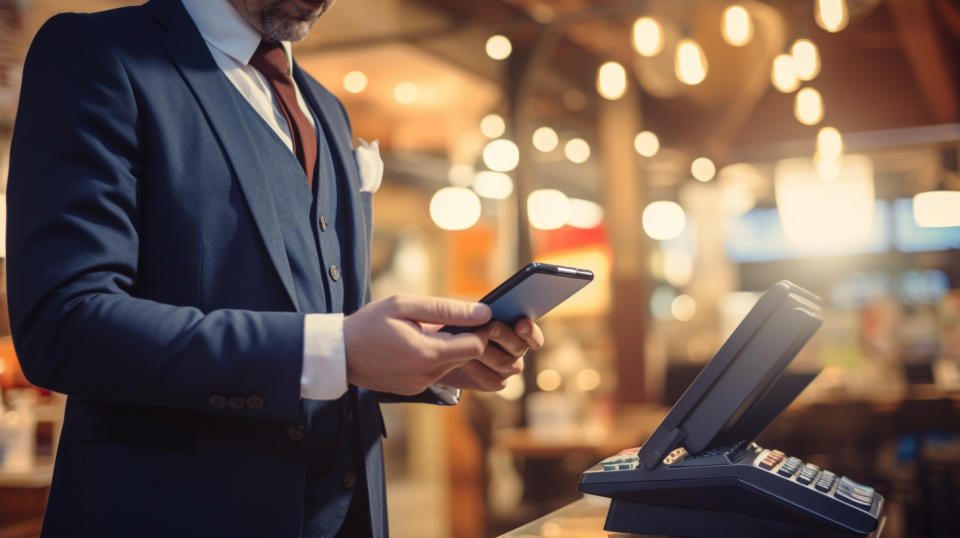 A business person using a mobile point of sale device outside of a retail store.