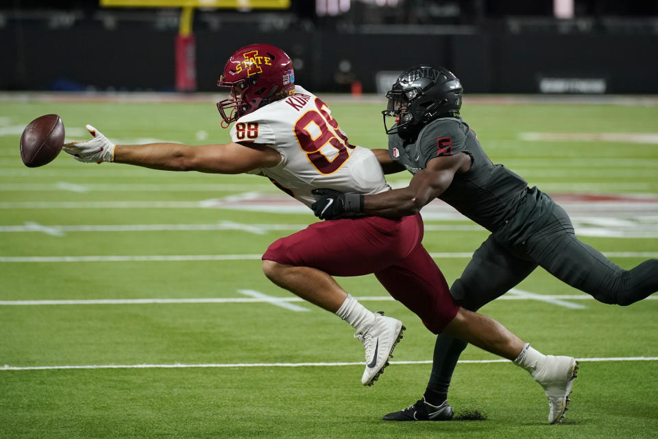 Iowa State tight end Charlie Kolar (88) misses a catch against UNLV defensive back Phillip Hill (5) during the first half of an NCAA college football game Saturday, Sept. 18, 2021, in Las Vegas. (AP Photo/John Locher)