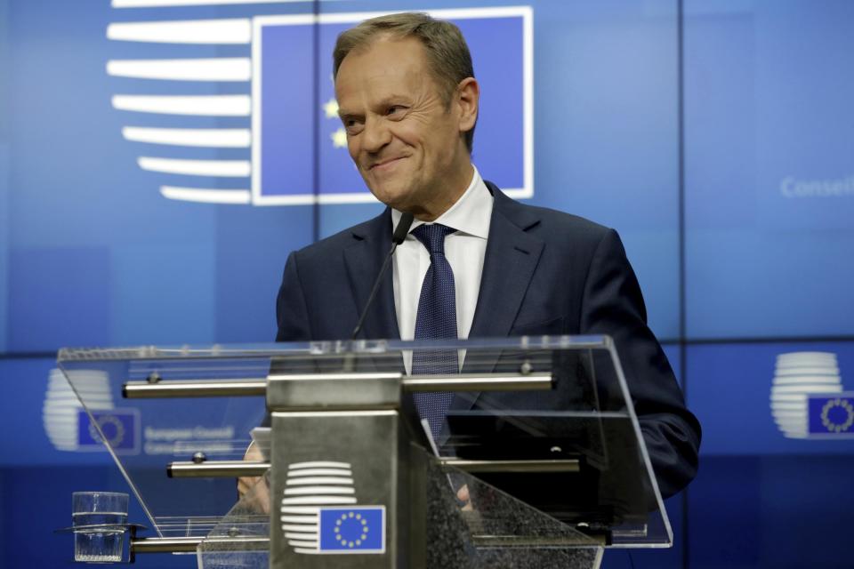 Brexit delay confirmed: European Council President Donald Tusk speaks during a conference at an EU summit in Brussels (AP)