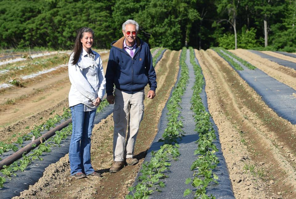 Ana Post and her father Gordon Post, of Post Apples CSA in North East Township, walk through a vegetable patch in 2018.