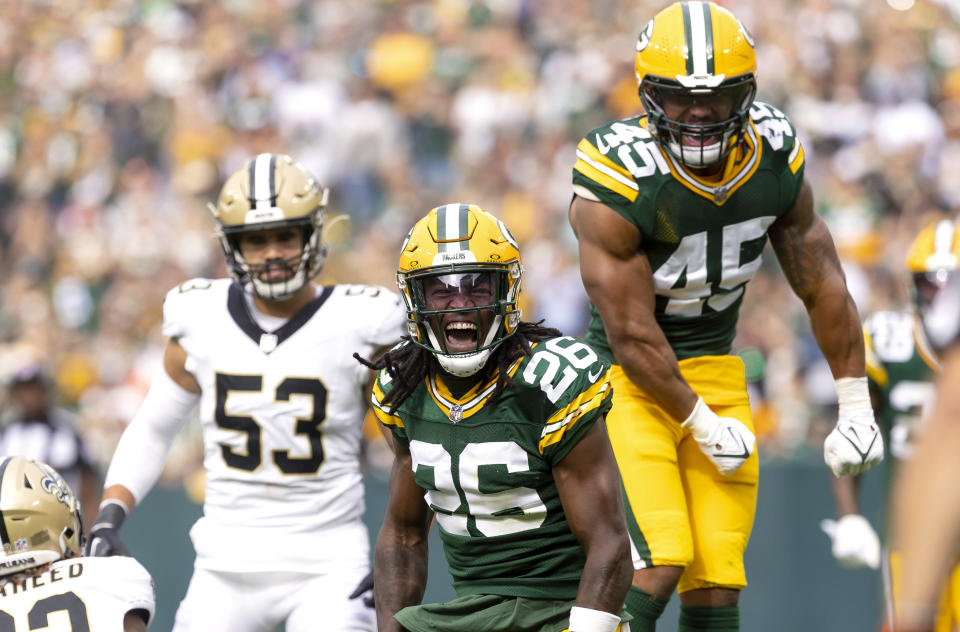 Green Bay Packers safety Darnell Savage (26) and linebacker Eric Wilson (45) react in the second half at Lambeau Field in Green Bay, Wis., Sunday, Sept. 24, 2023. (Samantha Madar/Wisconsin State Journal via AP)