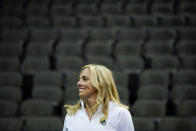 Baylor women's head coach Nicki Collen smiles as she listens to a reporter's question during the Big 12 NCAA college basketball media days Tuesday, Oct. 19, 2021, in Kansas City, Mo. (AP Photo/Ed Zurga)