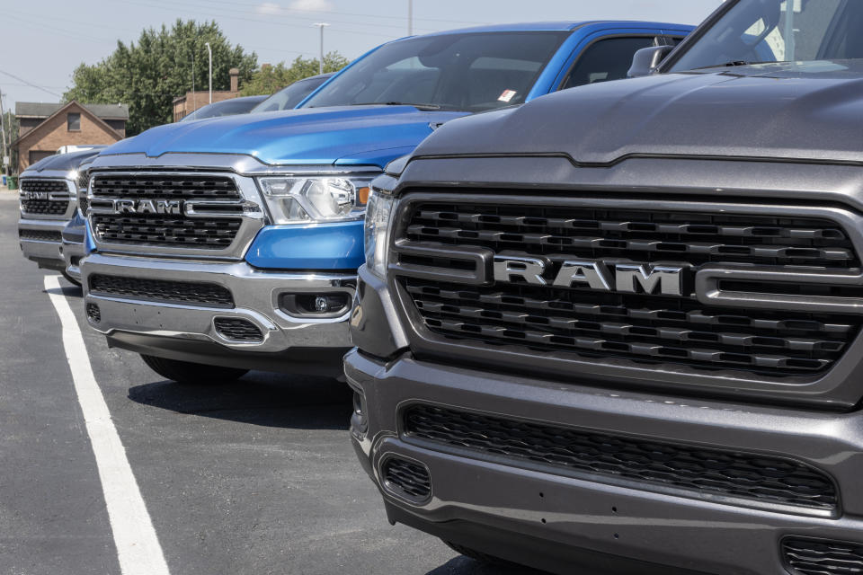 Logansport - August 3, 2023: Ram 1500 display at a Stellantis dealership. Ram offers the 1500 in Rebel, Laramie, Big Horn, and Tradesman models.