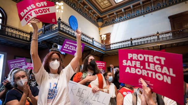 PHOTO: Protesters gather inside the South Carolina House as members debate a new near-total ban on abortion with no exceptions for pregnancies caused by rape or incest at the state legislature in Columbia, S.C., Aug. 30, 2022.   (Sam Wolfe/Reuters)