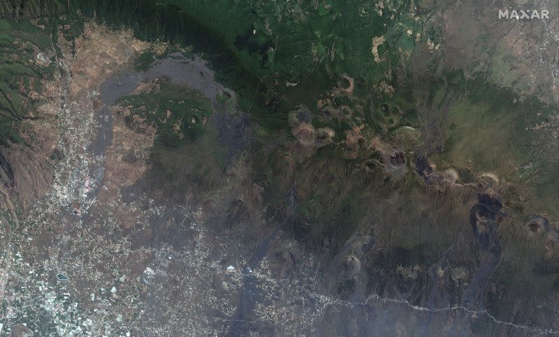 A satellite image shows the a closer view of Cumbre Vieja volcano and the cinder cones on the island of La Palma, Spain on September 17, 2021 before the eruptions volcano