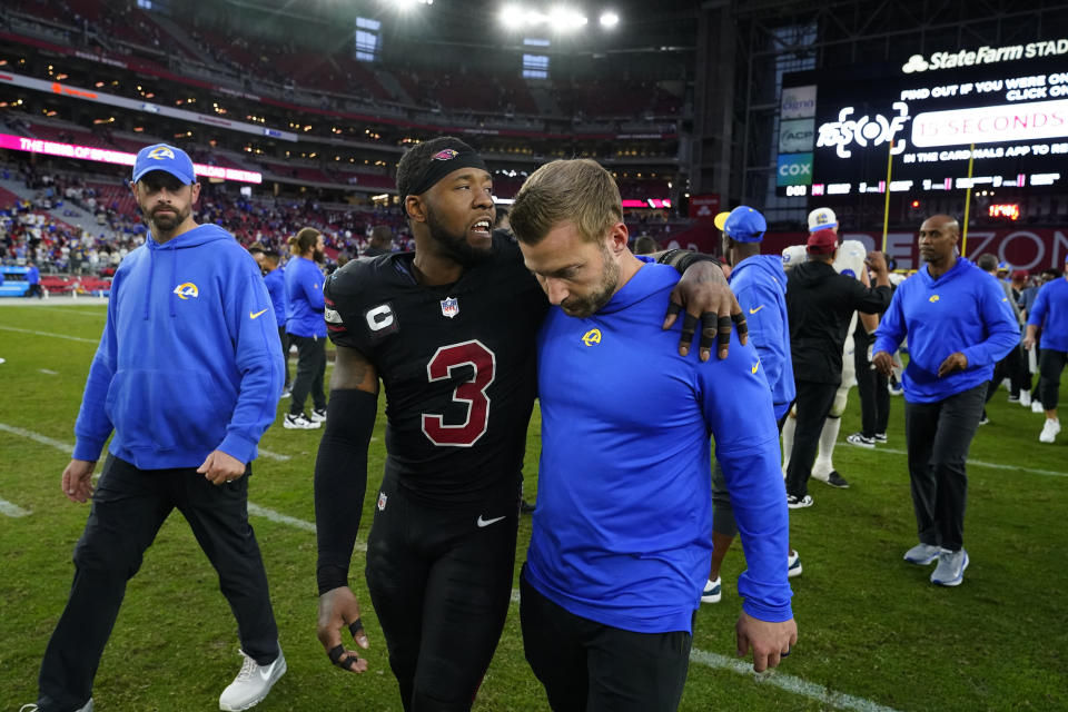 Arizona Cardinals safety Budda Baker (3) talks with Los Angeles Rams head coach Sean McVay after an NFL football game, Sunday, Nov. 26, 2023, in Glendale, Ariz. (AP Photo/Ross D. Franklin)