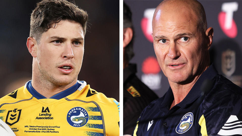 Eels coach Brad Arthur speaking to the media and Mitchell Moses speaking to the referee.