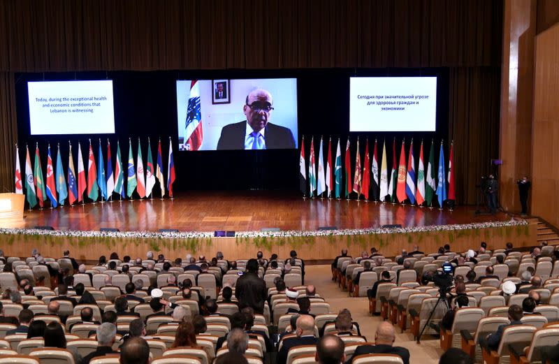 Lebanon's caretaker foreign minister, Charbel Wehbe, speaks during the international conference on the return of Syrian refugees in Damascus