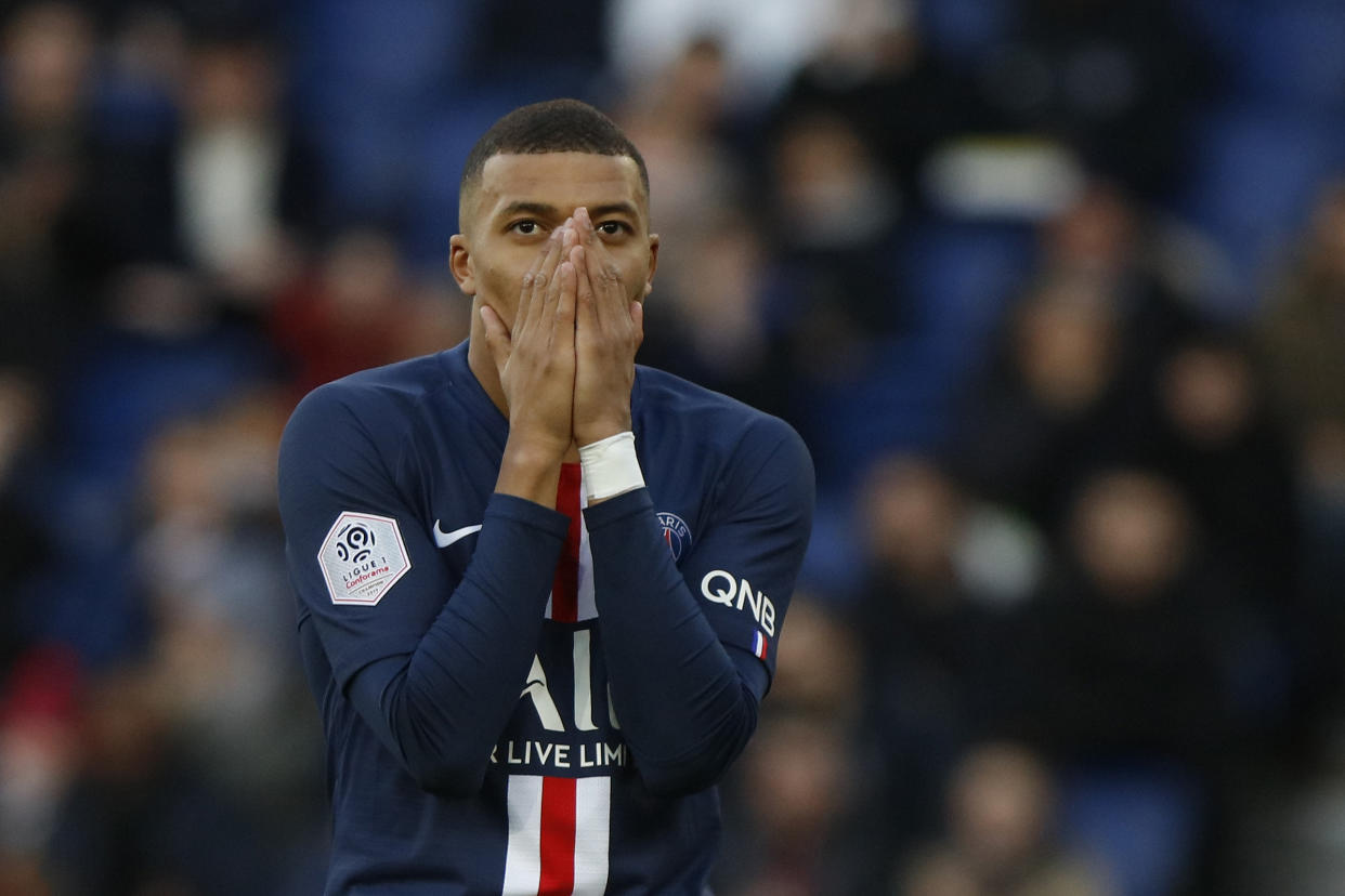 Paris Saint-Germain's French forward Kylian Mbappe during the French L1 football match between Paris Saint-Germain (PSG) and Dijon, on February 29, 2020 at the Parc des Princes stadium in Paris.  (Photo by Mehdi Taamallah/NurPhoto via Getty Images)