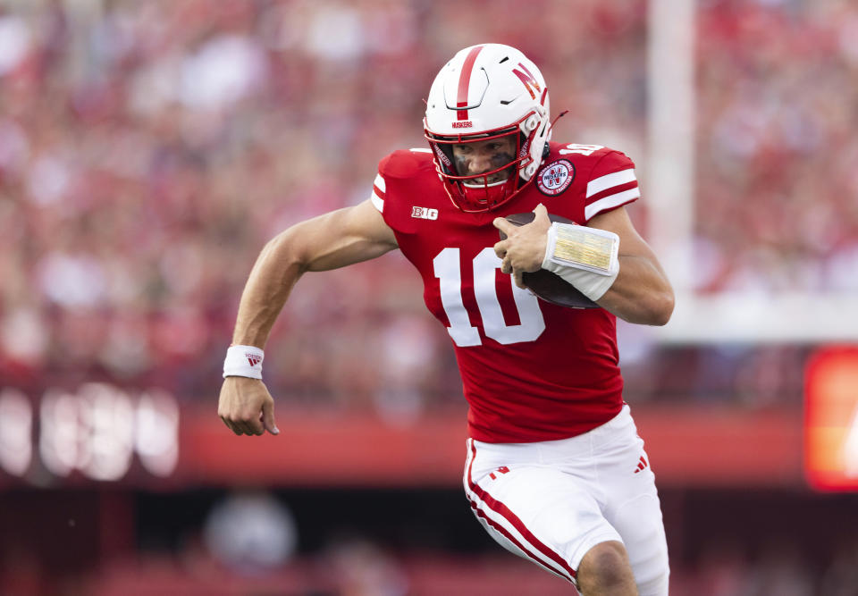 Nebraska quarterback Heinrich Haarberg (10) rushes against Northern Illinois during the first half of an NCAA college football game, Saturday, Sept. 16, 2023, in Lincoln, Neb. (AP Photo/Rebecca S. Gratz)