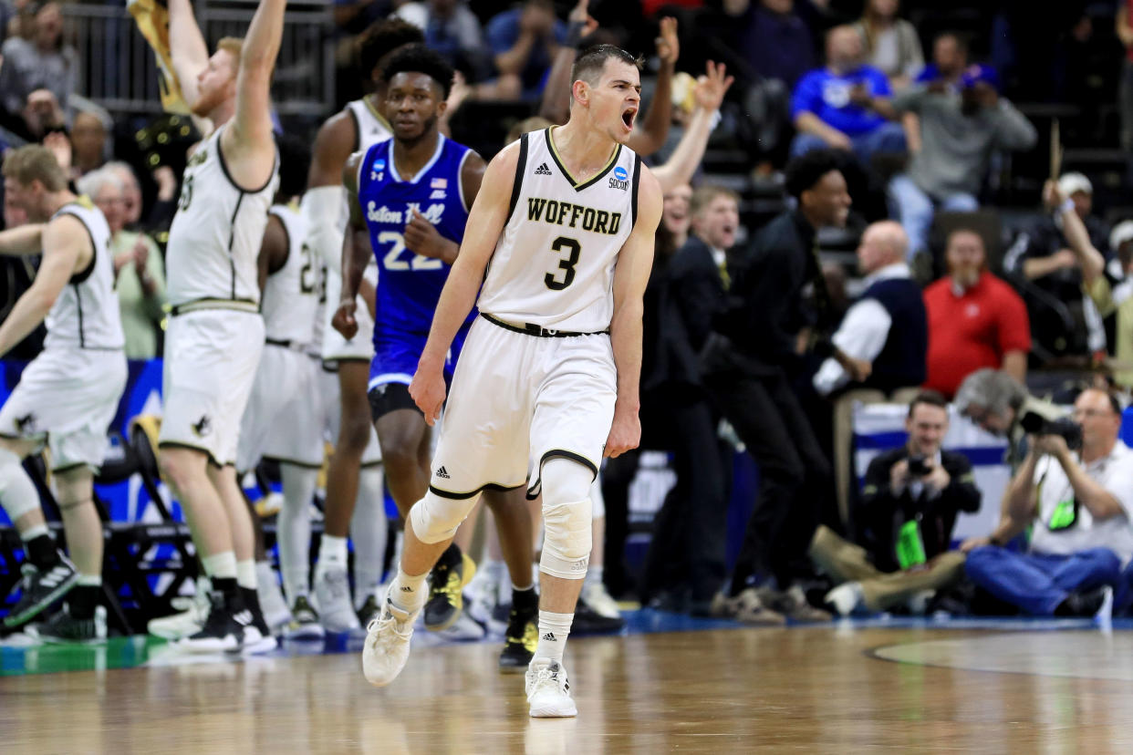 JACKSONVILLE, FLORIDA - MARCH 21:  Fletcher Magee #3 of the Wofford Terriers reacts in the second half against the Seton Hall Pirates during the first round of the 2019 NCAA Men's Basketball Tournament at Jacksonville Veterans Memorial Arena on March 21, 2019 in Jacksonville, Florida. (Photo by Mike Ehrmann/Getty Images)