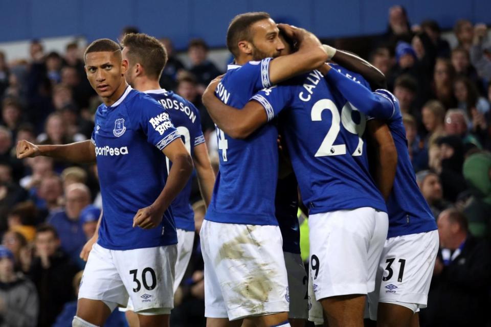 Late show: Everton celebrate after downing Palace in the final minutes (PA)