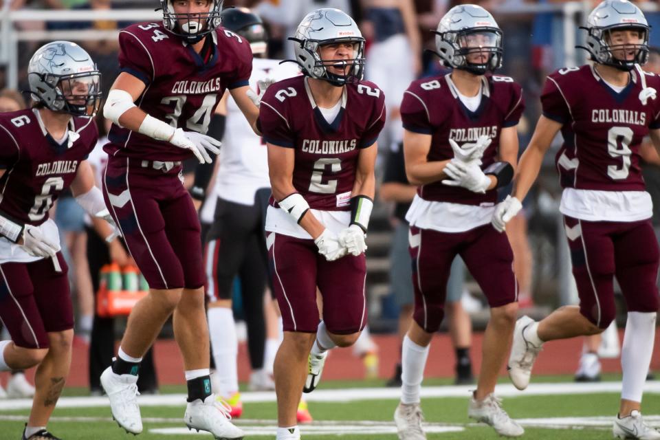 New Oxford's Idriz Ahmetovic (2) reacts after coming up with an interception during a YAIAA football game against South Western on Friday, September 9, 2022, in New Oxford.