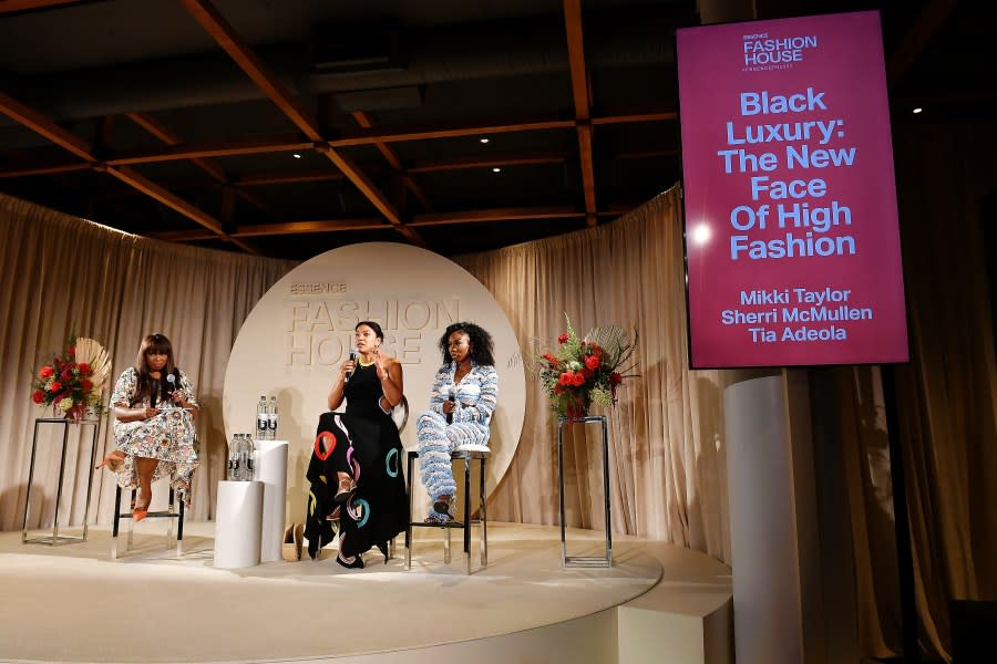 (L-R) Mikki Taylor, Sherri McMullen and Tia Adeola speak onstage during the 2023 ESSENCE Fashion House at Second on September 08, 2023 in New York City. (Photo by Paras Griffin/Getty Images for ESSENCE)