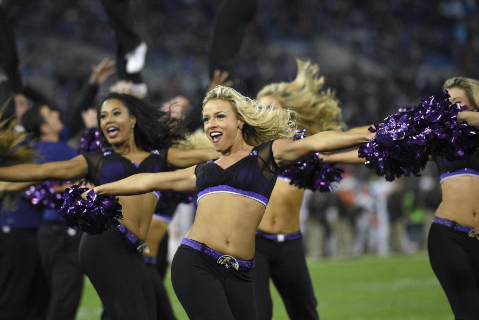 <p>Baltimore Ravens cheerleaders perform in the first half an NFL football game between the Ravens and Cleveland Browns, Thursday, Nov. 10, 2016, in Baltimore. (AP Photo/Nick Wass) </p>