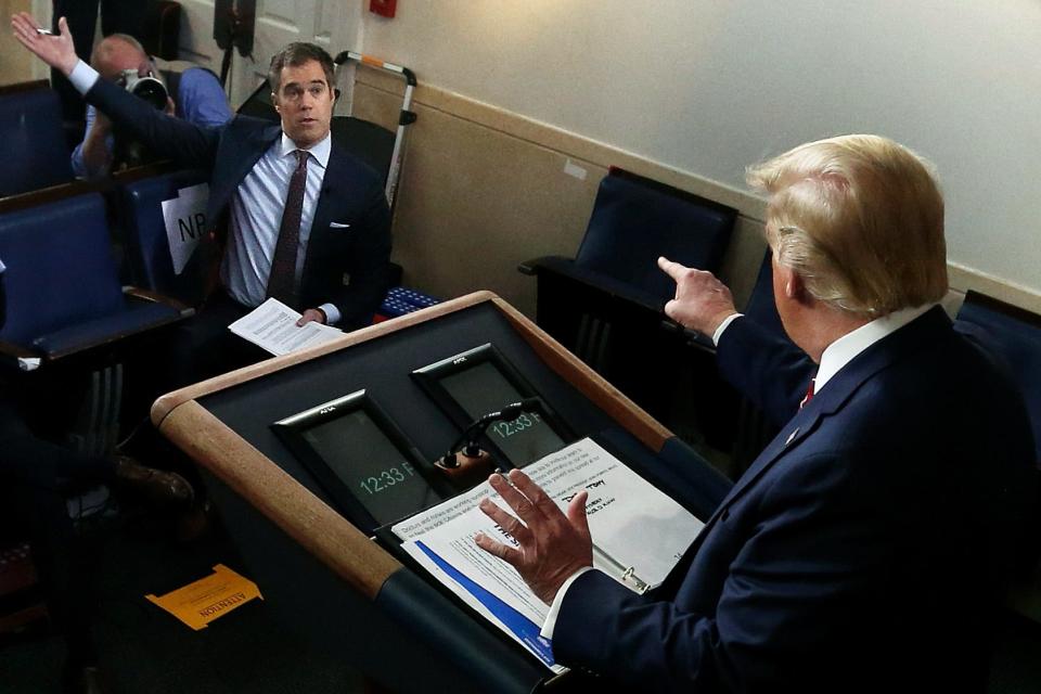 President Donald Trump debates with NBC News White House Correspondent Peter Alexander at the White House on March 20, 2020 in Washington, DC.