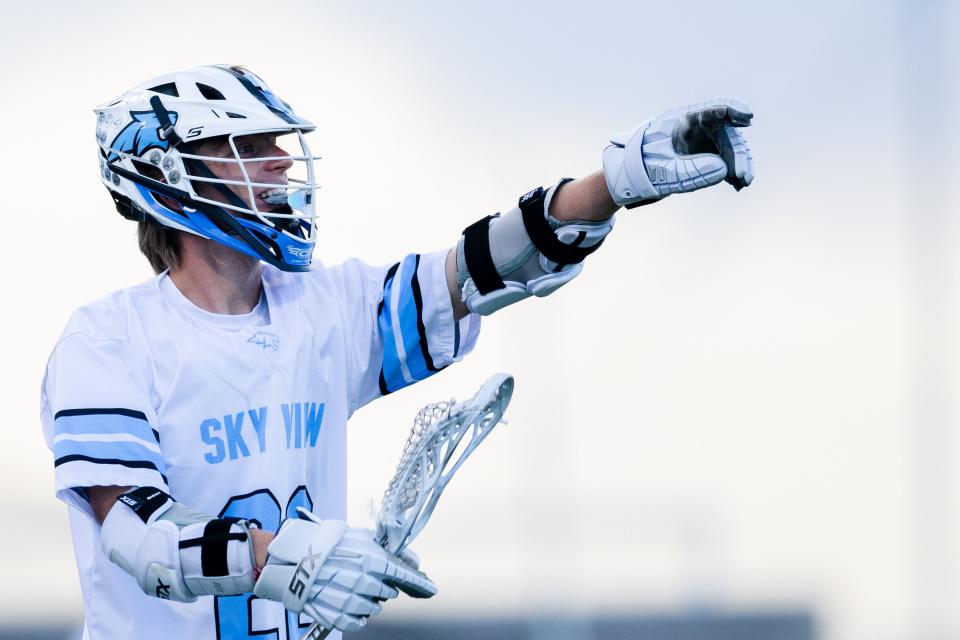 Sky View’s Carter Bishop (22) celebrates after a goal during the 4A boys lacrosse championships at Zions Bank Stadium in Herriman on May 26, 2023. | Ryan Sun, Deseret News