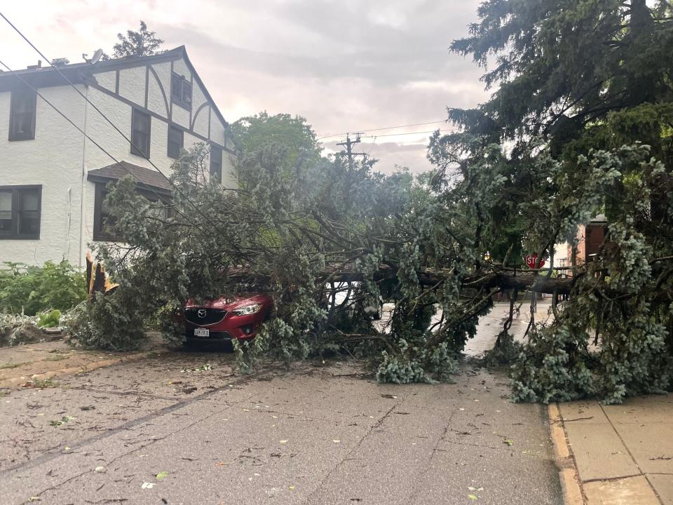 Severe weather that pummeled Greater Cincinnati and Northern Kentucky Wednesday, July 6, brought down trees and left more than 100,000 Duke customers without power. This was on Victoria Avenue in Hyde Park.