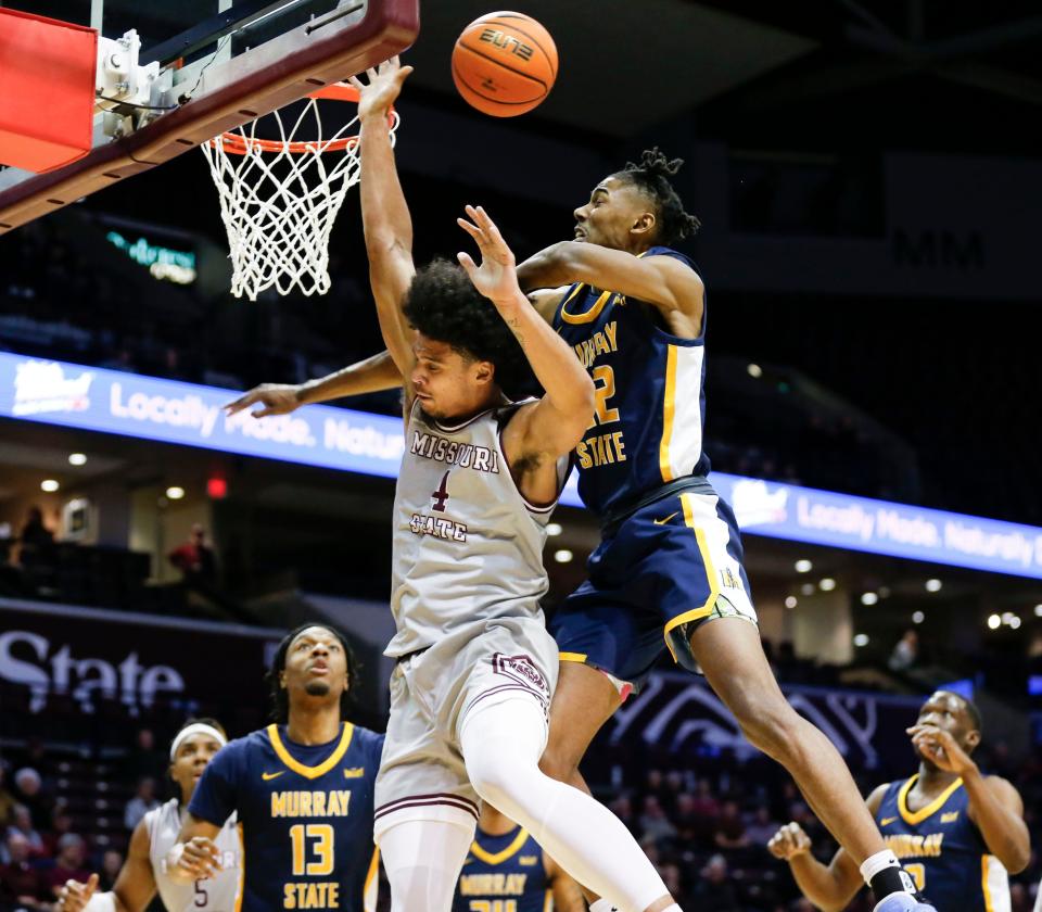 Murray State's Sam Murray II stops a field goal attempt by Missouri State junior Cesare Edwards during a game at Great Southern Bank Arena on Wednesday, Jan. 10, 2024.